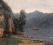 Gustave Courbet landscape with lake geneva oil